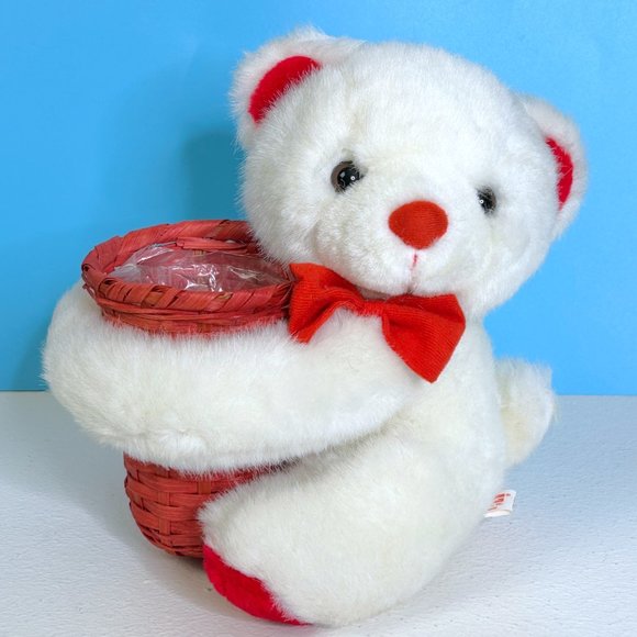 VERY RARE Vintage PBC White Red Teddy Bear w/ Basket 8" Plush Stuffed Animal Toy - Picture 1 of 5